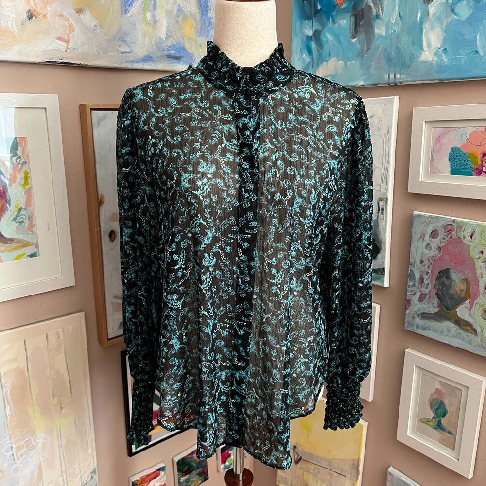 MISA Los Angeles Sheer Floral Blouse Black Teal Ruffle Neck Long Sleeve Size M